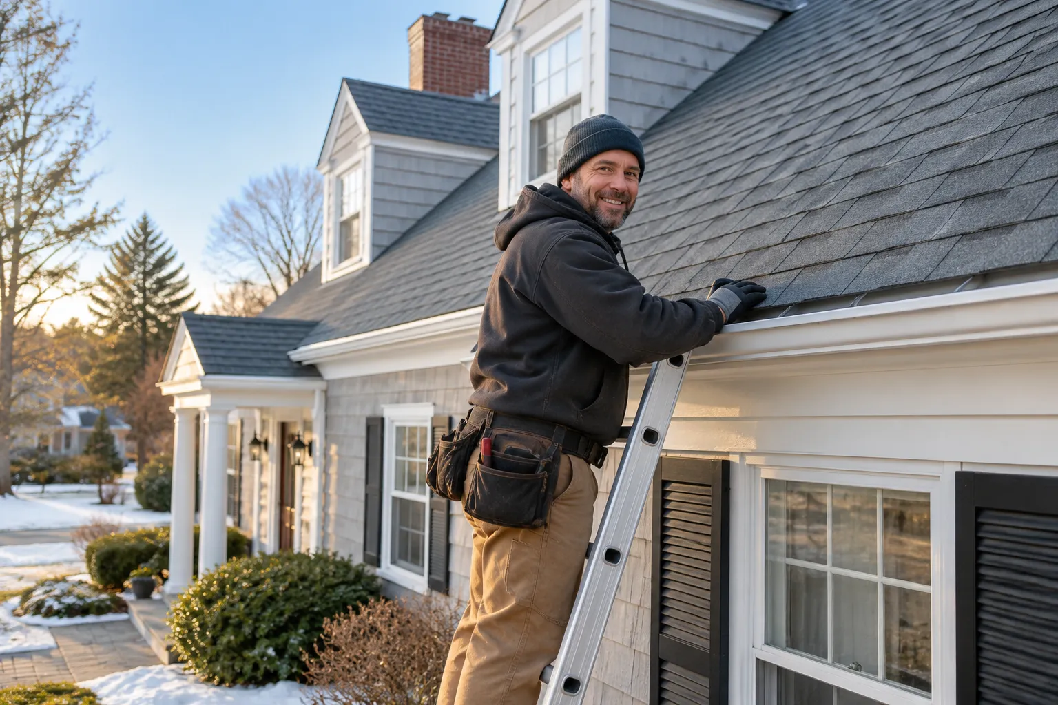 A friendly roofing provider on a new shingle roof of a home in Philadelphia