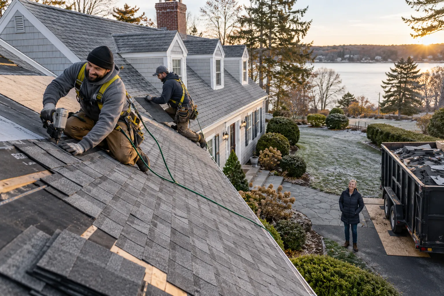 Local provider crew replacing shingles on a home roof in Philadelphia on a clear morning